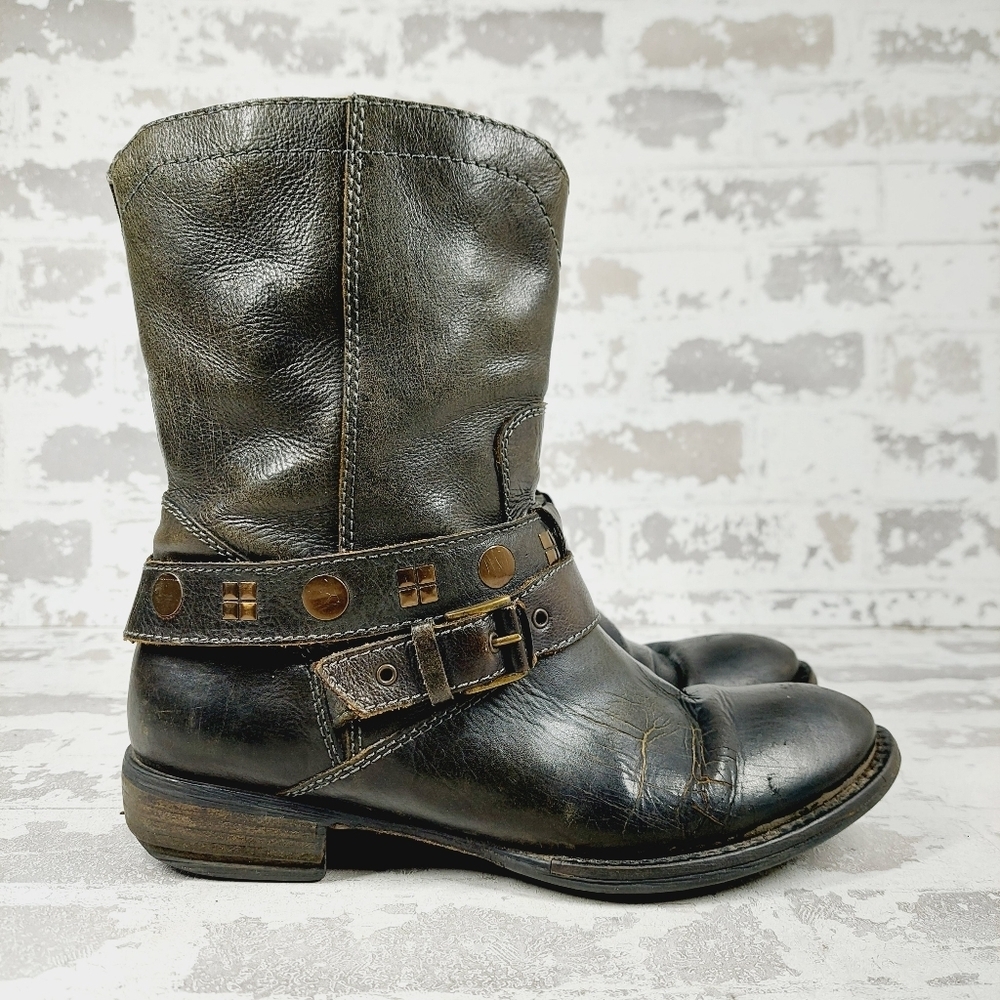 Aldo Black Leather Studded Harness Ankle Boots V181 - Picture 5 of 13